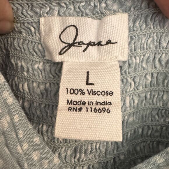 JAPNA Women's Size LARGE Smocked Flutter Sleeve Blouse Light Green White Print - Picture 2 of 3